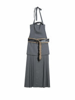 Temperament Gray Hanging Neck Pleated Slit Dress