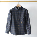 Mens Casual Long-sleeve Washed Cotton Plaid Shirt