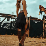 Womens Retro Irregular Western-Style Fringed Skirt