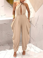 Halter-neck Crossover Backless Jumpsuit With Pleated Wide-leg Harem Pants