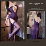 New Sheer Mesh Deep-V High-slit Purple Nightdress For Women