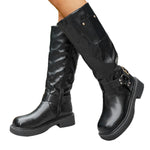 Calf-length Metal Belt-buckle Chunky-heeled High-top Denim Boots