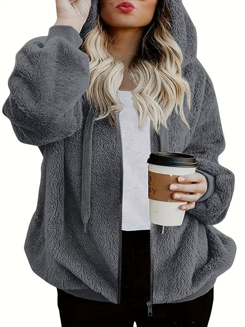 Women's Plush Hooded Zip-Up Coat, New Style Casual Loose Fleece Jacket