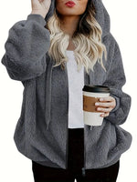 Women's Plush Hooded Zip-Up Coat, New Style Casual Loose Fleece Jacket