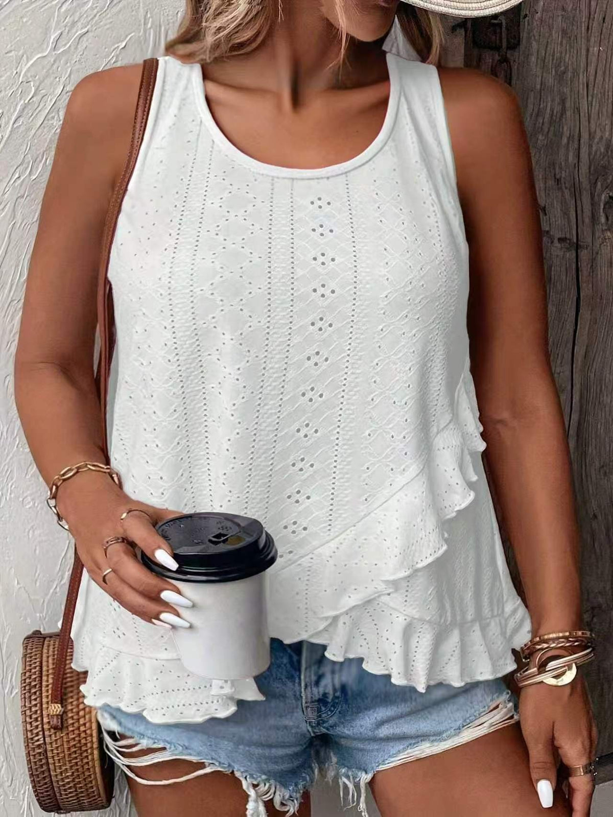 2026 Cross-border Amazon New Summer Women's Elegant Solid Color Court Flower Hole Eye Embroidery Asymmetric Lotus Leaf