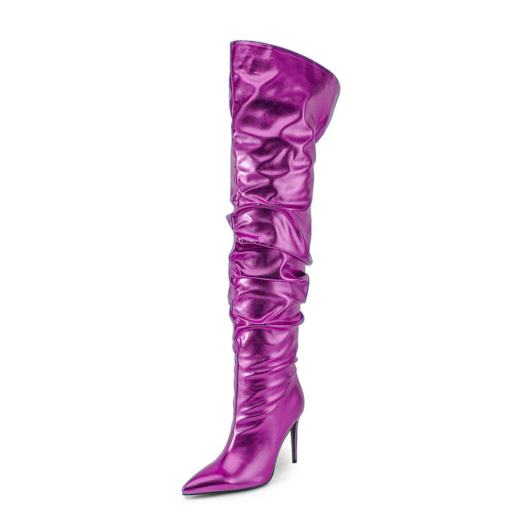 Sexy Womens High Heel Pleated Colorful Bootie Back Slit Pointed Toe Fashion Boots