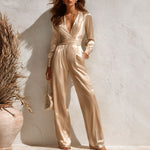 Womens V-neck Long-sleeve Satin Jumpsuit