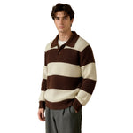 Mens Drop-shoulder Striped Lapel Loose-fit Sweater