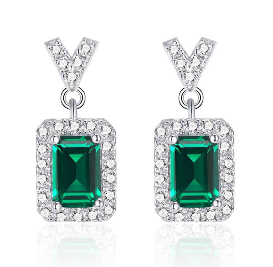 S925 Sterling Silver V-Shape Halo Drop Earrings, 6x4mm Lab-Grown Ruby & Emerald, Platinum Plated 2.6g, Women's Jewelry Gift Box