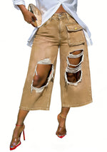 Whitewashed Vintage-style Red Ombre Ripped Raw-edge Wide-leg Capri Pants
