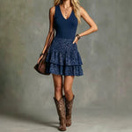 Casual Chic V-neck Dress, Solid-color With Leopard-print Panel Skirt