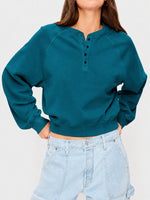Womens Crew-neck Button-up Sweatshirt Loose-fit Casual Cropped Top