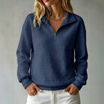 Loose-fit Waffle-knit Stand-collar Zip-up Long-sleeve Womens Sweatshirt