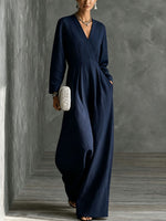 Womens V-neck Long-sleeve Relaxed-fit Wide-leg Jumpsuit