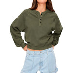 Womens Crew-neck Button-up Sweatshirt Loose-fit Casual Cropped Top