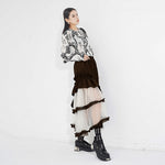 Womens French-style Color-Block Ruffled-Piped Mesh Midi Skirt