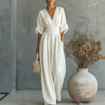 Summer Short-sleeved Jumpsuit Fashion Casual V-Neck Wide-Leg Pants Womens Clothing