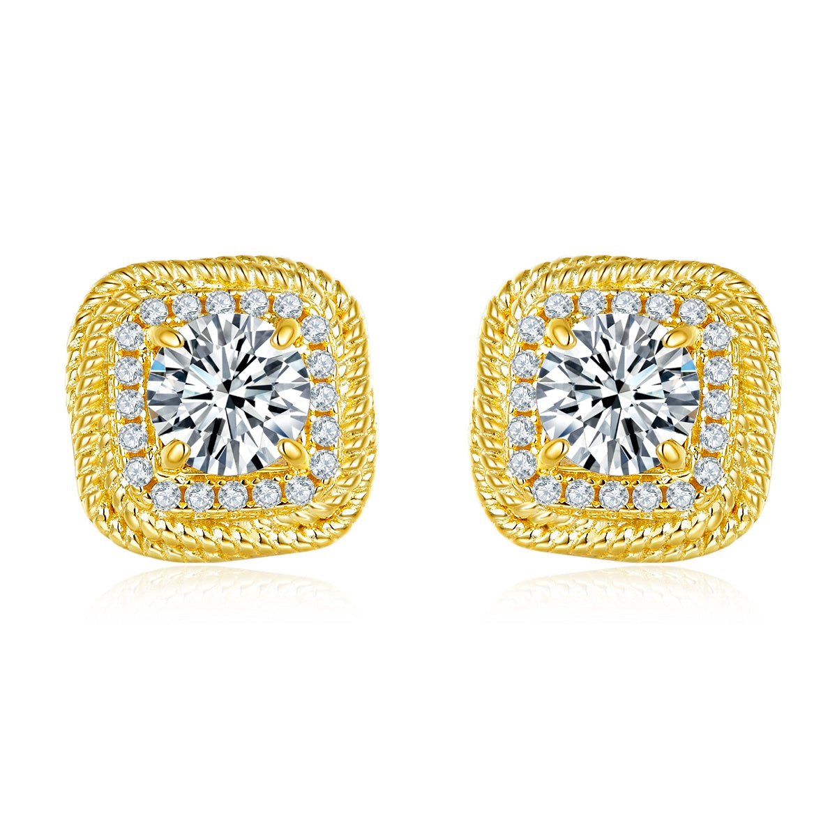 S925 Sterling Silver Gold Plated Cushion Stud Earrings, 6.5mm D-VVS1 Moissanite, Rope Edge Halo Design, 5.4g Women's Jewelry Gift Box