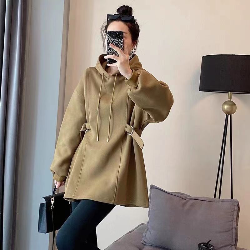 Solid-color Mid-length Hooded Sweatshirt With Drawstring Womens Bottoming Top