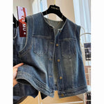 Round-neck Loose-fit Figure-flattering Denim Vest Jacket