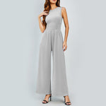 Womens Round-neck Solid-color Sleeveless Slim-fit Long Casual Jumpsuit