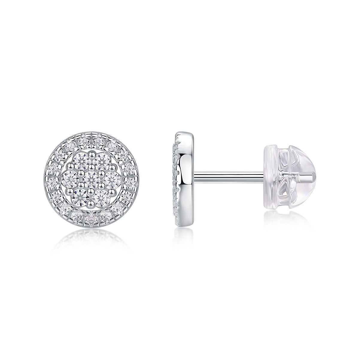 S925 Sterling Silver Round Halo Stud Earrings, D-VVS1 Moissanite Pave Cluster, Platinum Plated 1.4g Women's Jewelry Gift Box