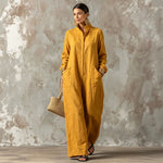 Long-sleeve Mandarin-collar Loose-fit Single-breasted Jumpsuit