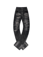 Mens Bamboo-Stripe Double-Waist Metal Button Cat-Foot Denim Jeans