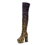 Sequin Gradient Round-Toe Side-Zip Chunky Heel Over-the-Knee Womens Boots