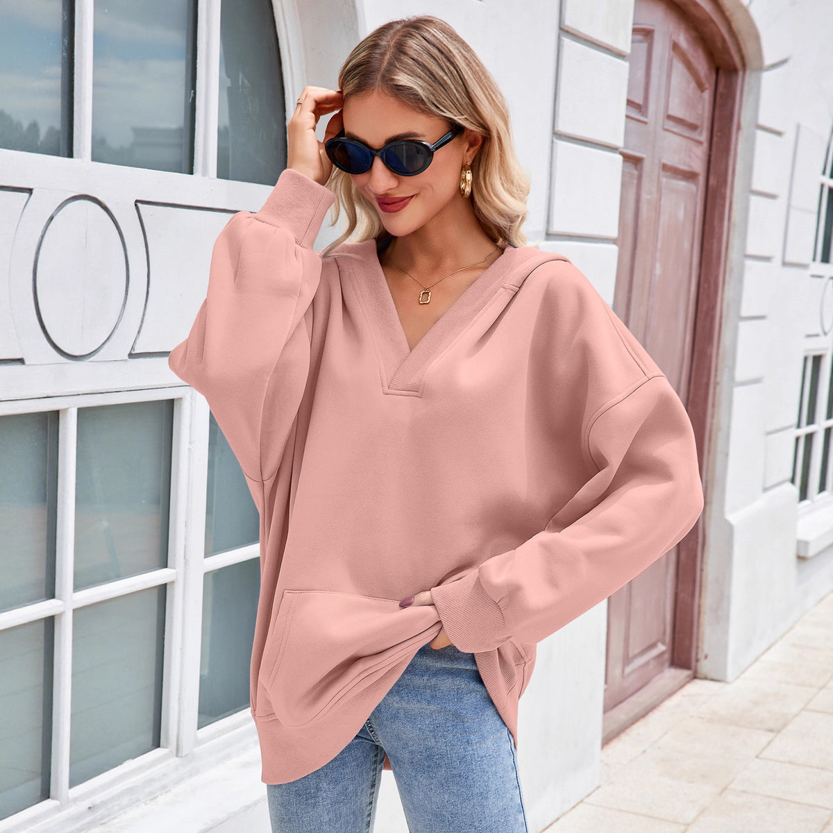 Solid-color Pocketed Long-sleeve Hooded Sweatshirt Jacket