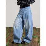 Womens American-Style Retro Washed Star-Print Wide-Leg Bootcut Jeans