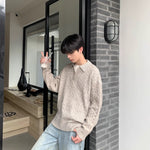 Mens Retro Herringbone Textured Lapel Pullover Sweater