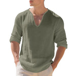 Mens Linen Casual Loose-fit V-neck Long-sleeve Shirt