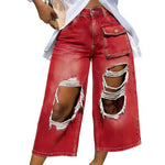 Whitewashed Vintage-style Red Ombre Ripped Raw-edge Wide-leg Capri Pants