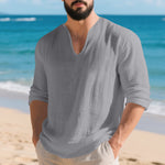 Mens Linen Casual Loose-fit V-neck Long-sleeve Shirt