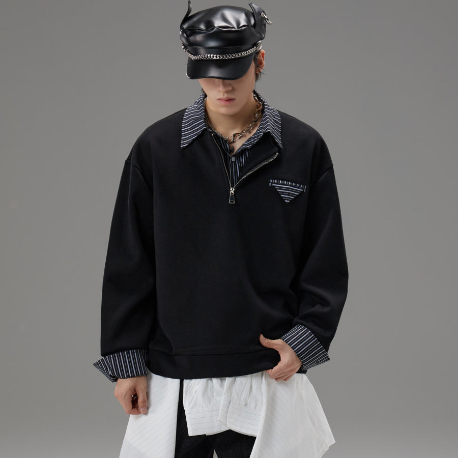 Mens Mock Two-Piece Spliced Design Shirt Hoodie