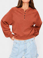 Womens Crew-neck Button-up Sweatshirt Loose-fit Casual Cropped Top