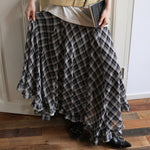 Retro Two-Color Plaid Asymmetric Ruffle Hem Skirt For Women