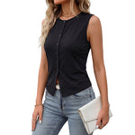 Black Button-Down Sleeveless Crew-Neck Slim-Fit Summer Thin Outerwear Vest For Women