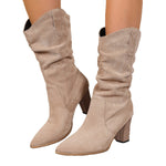Suede Pointed-toe Fashion Boots With Pleated Mid-calf Design And Chunky Heel