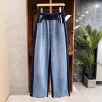 Women's Patchwork Denim Sweatpants With Elastic Waist And Raw Hem