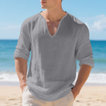 Mens Linen Casual Loose-fit V-neck Long-sleeve Shirt