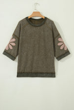 Mineral Water-washed Frayed Edge Pieced Flower Pattern Three-quarter Sleeve Loose Top