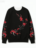 Black-base Red Plum Blossom Branch Print Loose-fitting Crewneck Sweatshirt
