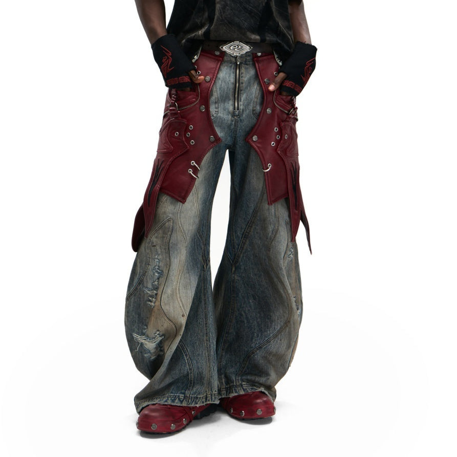 Patchwork Detachable Leather Jeans