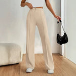 Womens Straight Flare Pants With High-Waisted Stitching Details