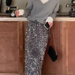 Womens Solid-Color Velvet Sequin Slit Skirt