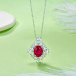 S925 Sterling Silver Floral Halo Pendant Necklace, 10x8mm Lab-Grown Ruby Sapphire Emerald, Platinum Plated 45cm Chain, 5g Gift Box