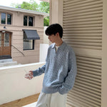 Mens Retro Herringbone Textured Lapel Pullover Sweater