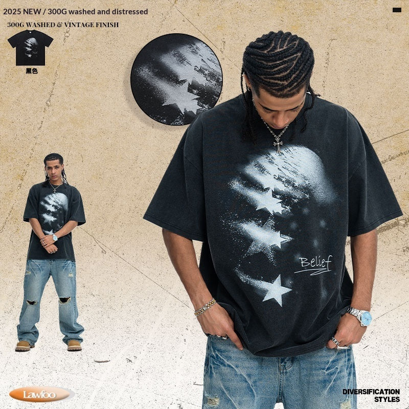 Vintage Washed Star Distressed Print T-shirt